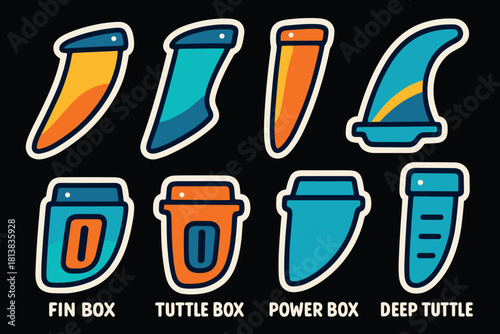Colorful surfboard fin designs with different box types
