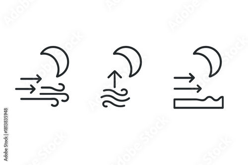 Minimalist night weather icons with wind, waves, and moon symbols