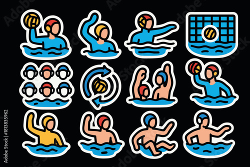 Water polo icons set with players and actions in flat design stickers