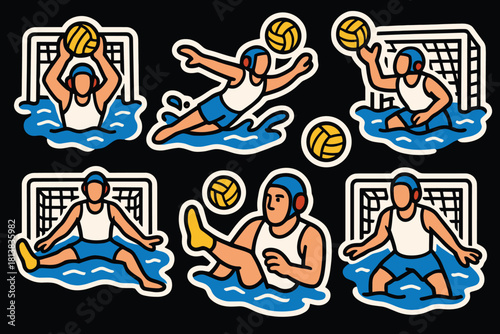 Dynamic water polo set: energetic cartoon athletes in action with goal and ball