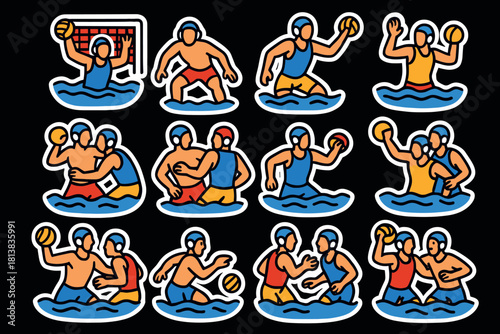 Water polo players in action: colorful dynamic stickers set on black background