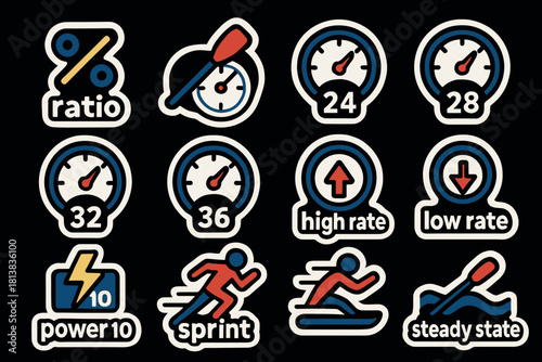 Colorful fitness icons with progress and performance themes on dark background