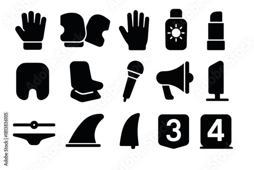 Silhouette icons set: gloves, skincare, lipstick, microphone, megaphone, bath, shark fins, numbers