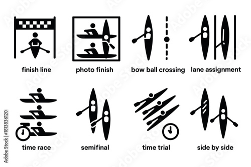 Kayaking icons: race finish, time trial, semifinal design elements