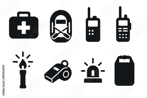Essential emergency equipment icons in simple black silhouette style