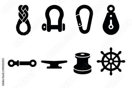 Nautical and marine icon set featuring silhouette maritime tools and equipment