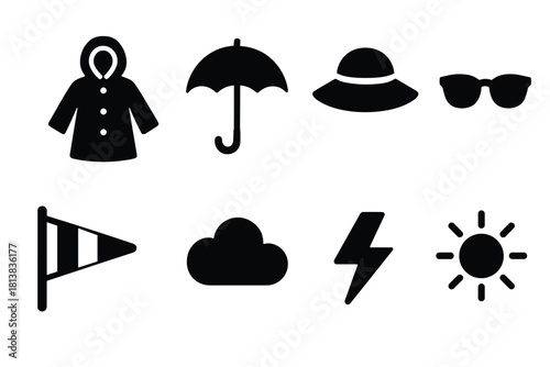 Weather icons collection: sun, rain, cloud, and more in bold silhouette design