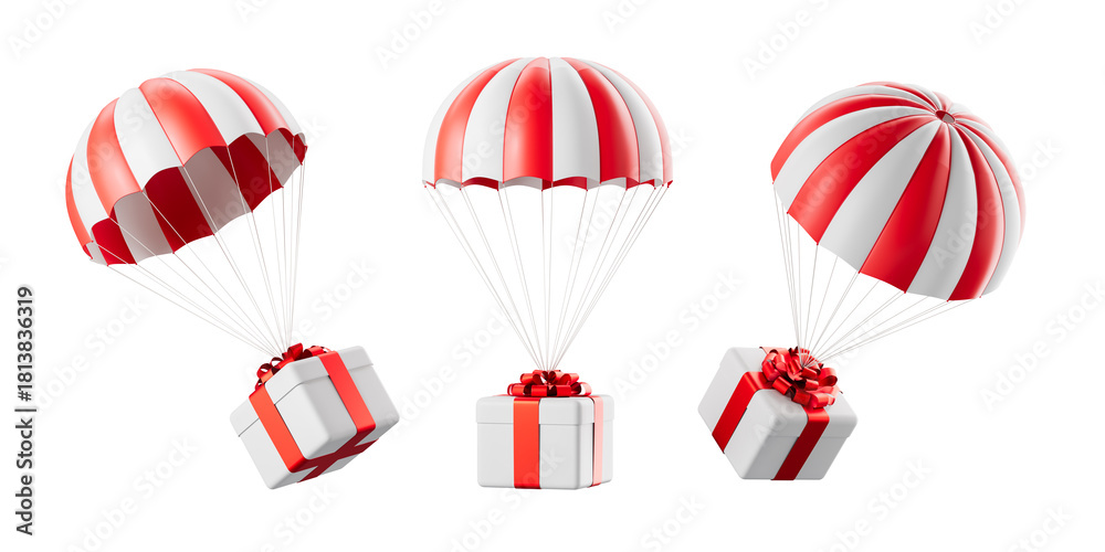 Obraz premium Red and white striped parachutes carrying gift boxes with red ribbons on white background, representing delivery or surprise concept. 3D Rendering