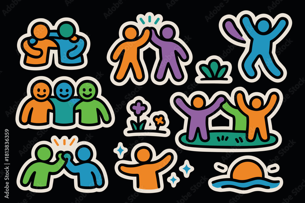 Fototapeta premium Colorful cartoon stickers of joyful people in various activities on black background