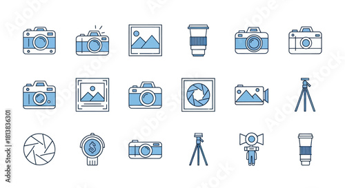 Camera icons set photography and image elements in line art style