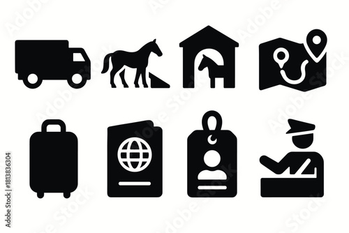 Silhouette transportation and travel icons: truck, horse, passport, map, and more