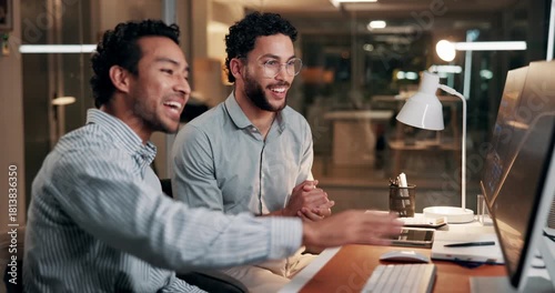 Investing, computer screen or people in office at night, market stats review or advice for investment. Mentoring, trading team or late data analysis with pc for revenue report, stock chart or explain