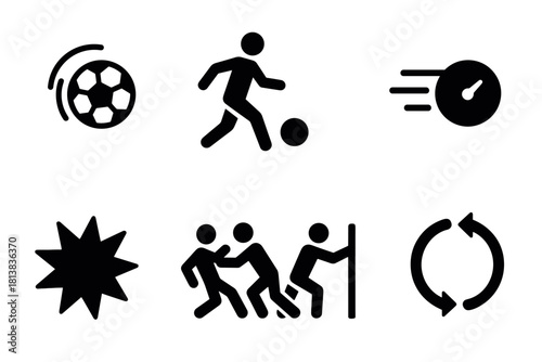 Dynamic black silhouette icons of sports and motion symbols collection