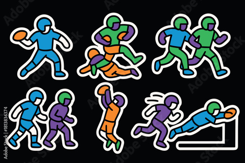 Colorful cartoon stickers of american football players in action