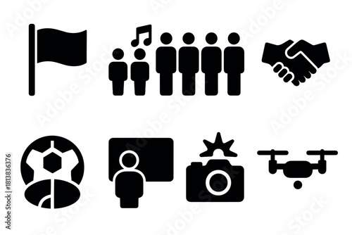 Icon set of flag, music, teamwork, sports, education, photography, and drone