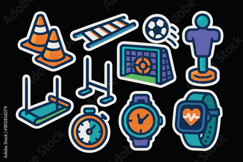 Colorful sports equipment and icons with black background in sticker style