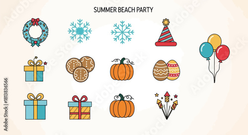 Camping and hiking equipment icons vector illustration with line art