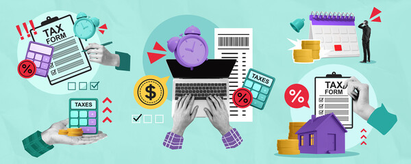 Colorful collage of tax forms, calculators, clocks, and financial icons on a blue background expressing tax filing deadline and financial planning concept.