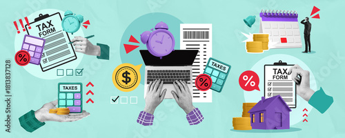 Colorful collage of tax forms, calculators, clocks, and financial icons on a blue background expressing tax filing deadline and financial planning concept.