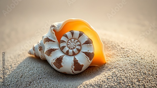 calcified. A spiral seashell on smooth sand, intricate textures visible in soft morning light. gardening catalogs, home-decor guides, designed for home decor and floral branding.