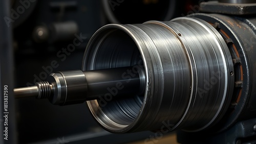 mandrel. A conical metal lathe mandrel rotating with an unfinished tube sleeve fitted over it. safety posters, maintenance manuals, designed for precision metalworking and fabrication facilities.