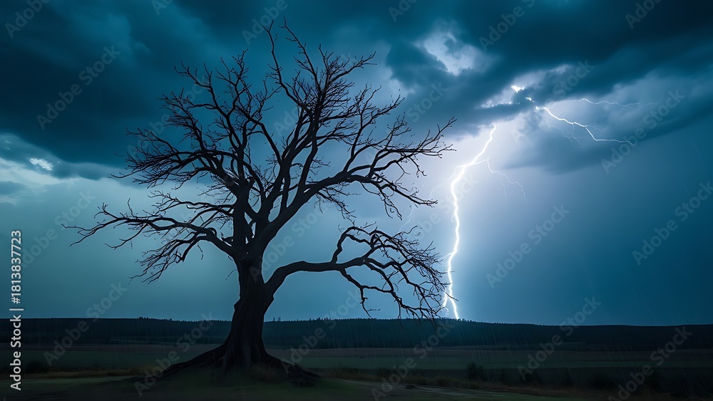Fototapeta premium predictability. A solitary tree struck by lightning during a storm with dramatic sky. ESG reports, sustainability campaigns, designed for sustainability communications and ESG reporting.