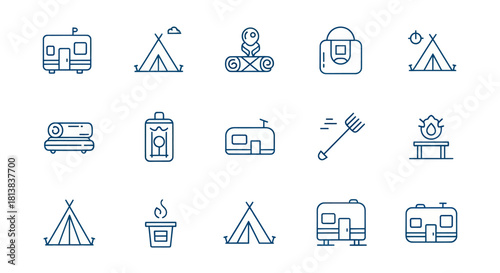 Camping and outdoor recreation icons set isolated on white background