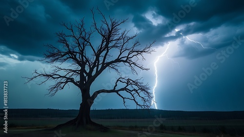 predictability. A solitary tree struck by lightning during a storm with dramatic sky. ESG reports, sustainability campaigns, designed for sustainability communications and ESG reporting.