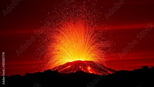 capitulating. Volcanic eruption launching rocks into a dark red sky, dramatic natural scene. travel magazines, destination branding, designed for travel destination branding, used by store managers.