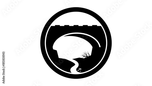 Single-arch river bridge, black isolated silhouette