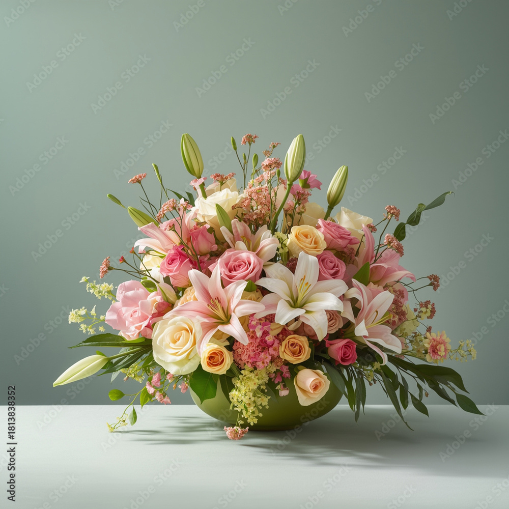 Obraz premium A floral arrangement composed of pastel roses, lilies, and small fillers arranged in balanced symmetry, placed against a clean matte background with soft gradient lighting to enhance