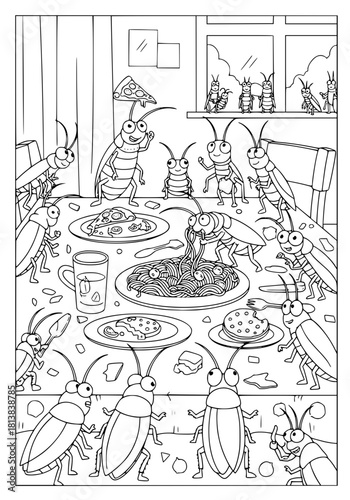 feast of cockroaches on the dining table. coloring book