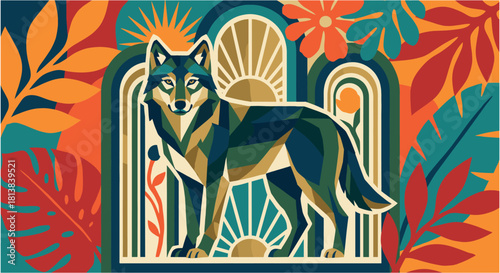 Geometric Wolf Portrait in Art Deco Arch. Modern Wildlife and Nature Illustration.