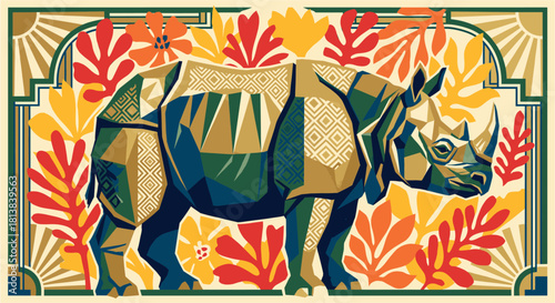 Geometric Rhino with Tribal Pattern. Art Deco African Wildlife Illustration.