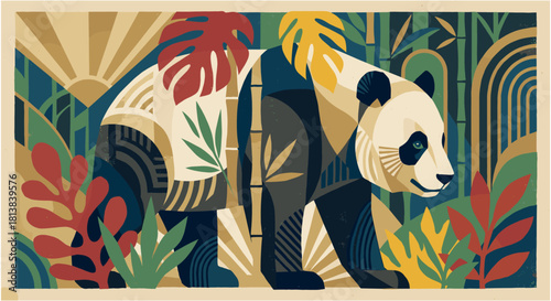 Geometric Panda in Bamboo Forest. Art Deco Chinese Wildlife Illustration.