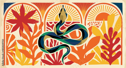 Geometric Snake and Tropical Leaves. Art Deco Cut-Out Wildlife Illustration.