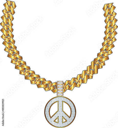 Gold Chain Necklace with Peace Symbol Pendant – Vector Illustration