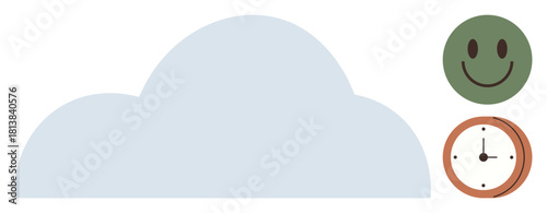 Light blue cloud with green smile face and brown clock, blending ideas of optimism, time, cloud storage, digital innovation. Ideal for positivity, mindfulness, productivity, future well-being