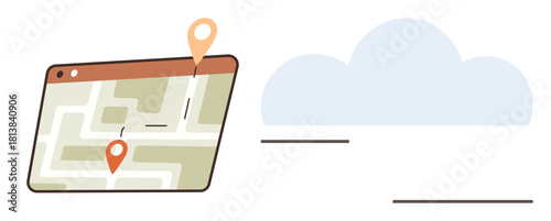 Map on a digital screen with routes and pins for locations, paired with a cloud. Ideal for travel, navigation, geolocation, technology, cloud computing, innovation data storage. Simple flat metaphor
