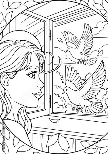A girl watches pigeons flying through an open window. coloring book