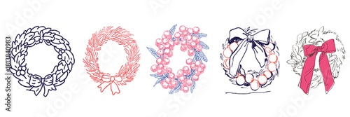 Festive hand drawn Christmas wreath illustrations with seasonal foliage and holiday decoration details