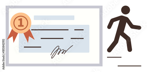 Certificate with first-place ribbon next to person walking, symbolizing accomplishment, progress, personal growth. Ideal for education, self-improvement, goal-setting, motivation, career development