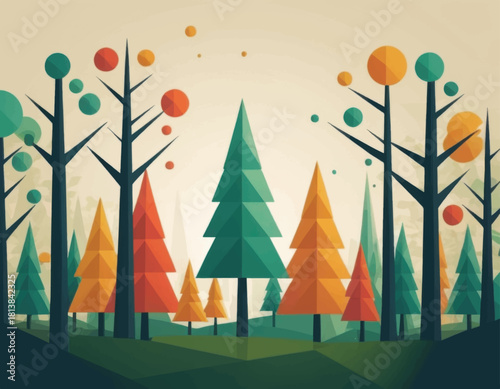 Stylized Forest with Geometric Trees and Orbs.