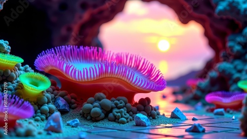 Fototapeta Naklejka Na Ścianę i Meble -  Alien coral reef cave with glowing anemones