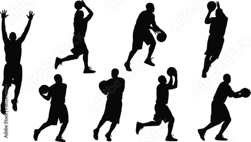 Basketball player silhouettes in dynamic action poses showcasing shooting, dribbling, jumping, and athletic movement for sports design, training, and creative projects