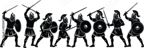 Ancient warrior silhouettes in fierce battle stance, armed with swords and shields, historic combat illustration, heroic fighters, dramatic military scene