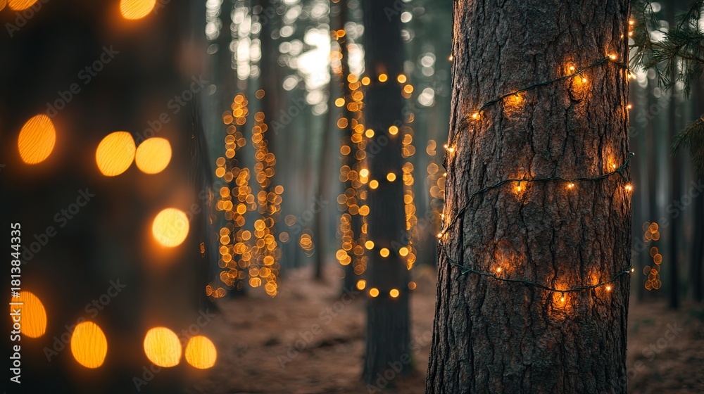 Obraz premium glowing string lights wrapped around pine tree trunks in forest .