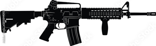 Black silhouette assault rifle illustration featuring detailed tactical design, modern firearm components, weapon outline, military style graphic for security and defense concepts