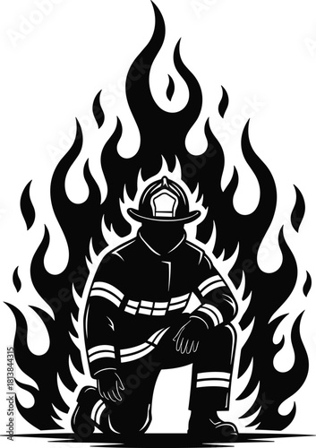 Brave firefighter kneeling in front of intense blazing flames, heroic fire rescue silhouette artwork symbolizing courage, strength, danger, protection, dedication