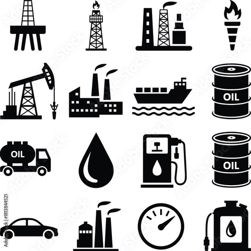 Collection of detailed oil industry icons showing drilling rigs, refineries, barrels, transportation, fuel stations, and petroleum symbols for energy resources illustrations